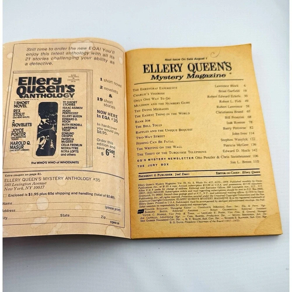 Ellery Queen's Mystery Magazine August 1978 Issue #417, 160 Pages